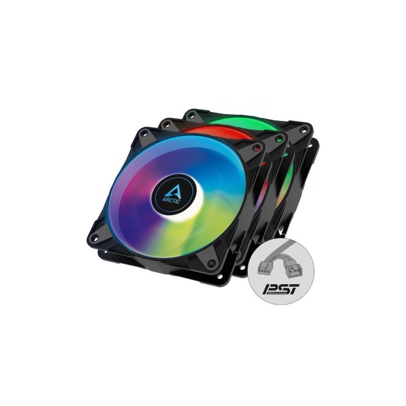 Arctic 12cm P12 Pressure Optimised PWM PST ARGB Case Fans (3 Pack), Fluid Dynamic, 12 LEDs, 0-2000 RPM, 0dB Mode, Black