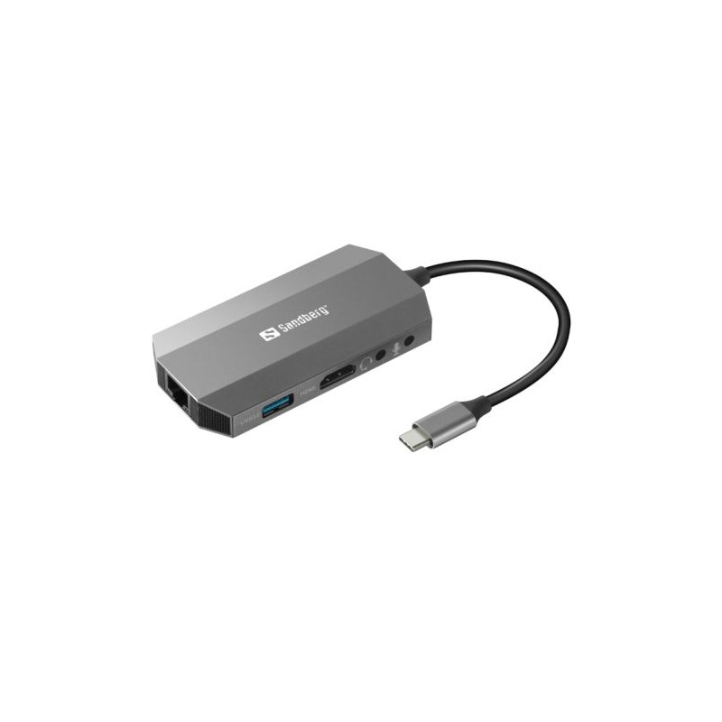 Sandberg (136-33) USB-C 6-in-1 Travel Dock - USB-C (up to 100W), HDMI, 2x USB 3.0, RJ45, Headphone, Microphone, SD/Micro SD/TF C