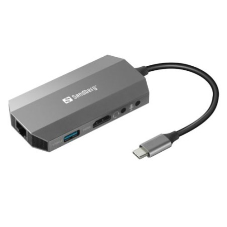 Sandberg (136-33) USB-C 6-in-1 Travel Dock - USB-C (up to 100W), HDMI, 2x USB 3.0, RJ45, Headphone, Microphone, SD/Micro SD/TF C
