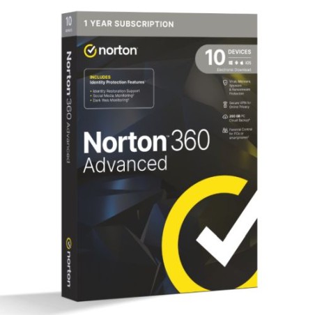 Norton 360 Advanced 1x 10 Device, 1 Year Retail Licence - 200GB Cloud Storage, AI Scam Detector - PC, Mac, iOS & Android *Non-en