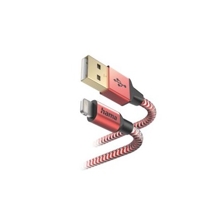 Hama Reflective Charging USB-A to Lightning Cable, 480Mbps, Nylon Sheath, Gold-Plated, 1.5 Metre, Red, MFI Certified