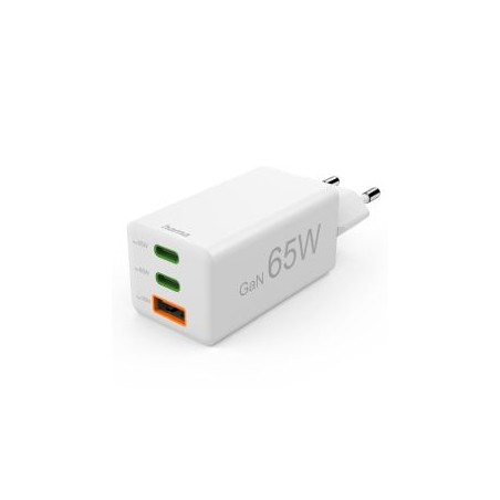 Hama Mini Euro Plug USB Travel Charger, 2x USB-C, 1x USB-A, 65W, Fast Charge, Power Delivery, Qualcomm 3.0, White