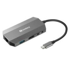 Sandberg (136-33) USB-C 6-in-1 Travel Dock - USB-C (up to 100W), HDMI, 2x USB 3.0, RJ45, Headphone, Microphone, SD/Micro SD/TF C