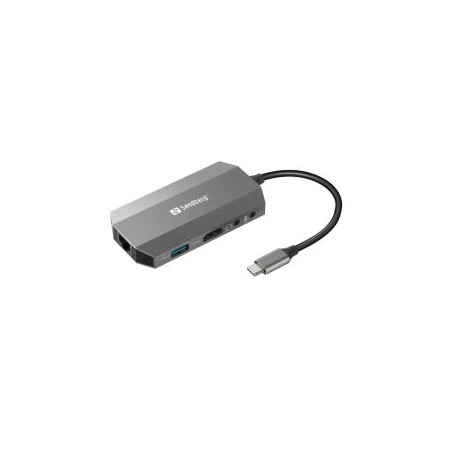 Sandberg (136-33) USB-C 6-in-1 Travel Dock - USB-C (up to 100W), HDMI, 2x USB 3.0, RJ45, Headphone, Microphone, SD/Micro SD/TF C