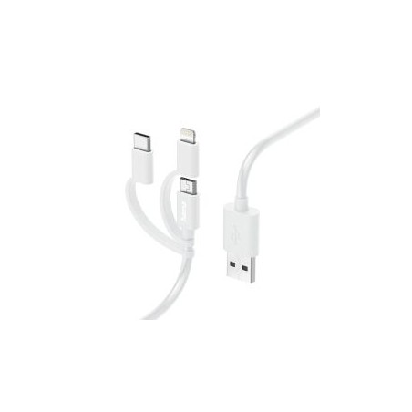 Hama 3-in-1 Multi Charging Cable - USB-A to USB-C/Micro USB/Lightning, Quick Charge, 1 Metre, White, MFI Certified