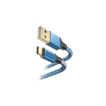 Hama Reflective USB-A to USB-C Quick Charging Cable, USB 2.0, Nylon Sheath, Gold-Plated, 1.5 Metre, Blue