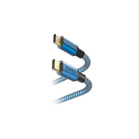 Hama Reflective USB-C to USB-C Quick Charging Cable, USB 2.0, Nylon Sheath, Gold-Plated, 1.5 Metre, Blue